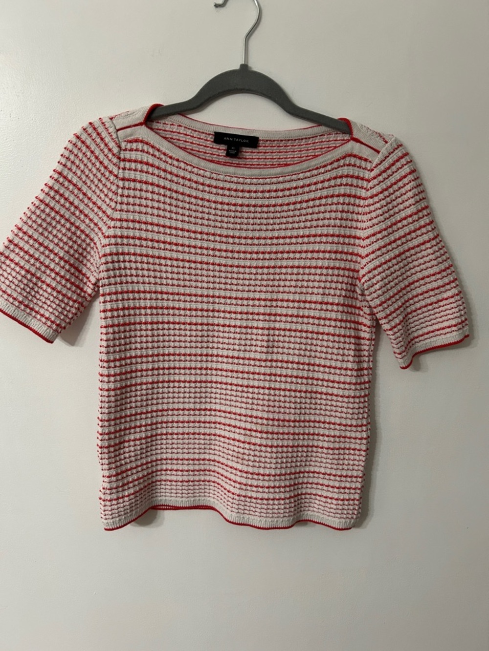 Ann Taylor Sweater XS Red/White Nautical Boat Neck Knit Striped Short Sleeve